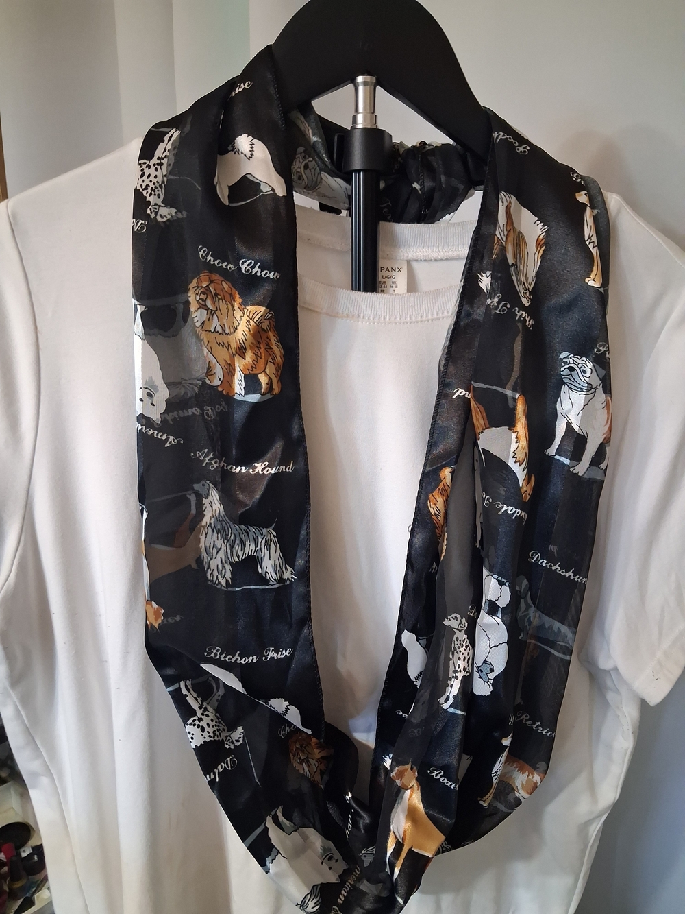 Black Dog Print Satin Infinity Scarf - SilkFeel